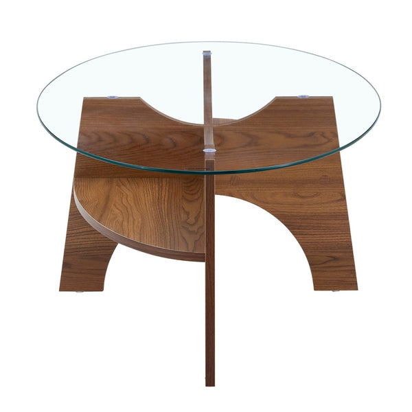 English Elm Oval Tempered Glass Coffee Table with Walnut Fan Shelf for Modern Living Rooms W1151P490273