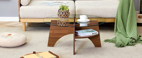 English Elm 31.5" Round Tempered Glass Coffee Table Mid-century Mdf Base Living Room Accent W1151P490274