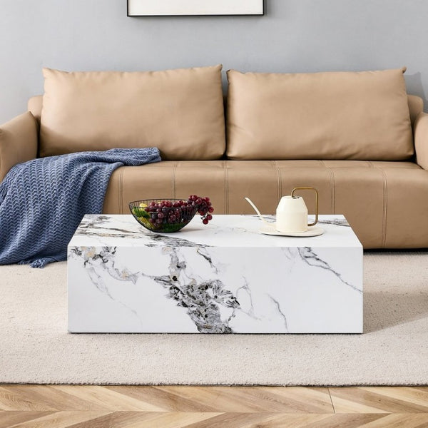 English Elm 39.3*21.7*11.8 Inch Marble Pattern MDF Coffee Table Low Profile Living Room Accent White - A W1151P499999
