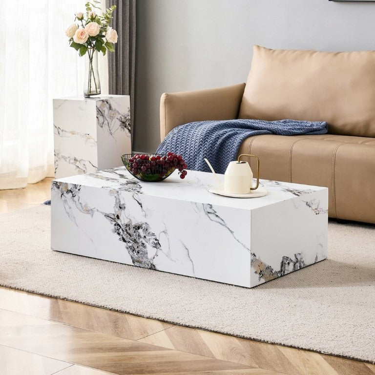 English Elm 39.3*21.7*11.8 Inch Marble Pattern MDF Coffee Table Low Profile Living Room Accent White - A W1151P499999