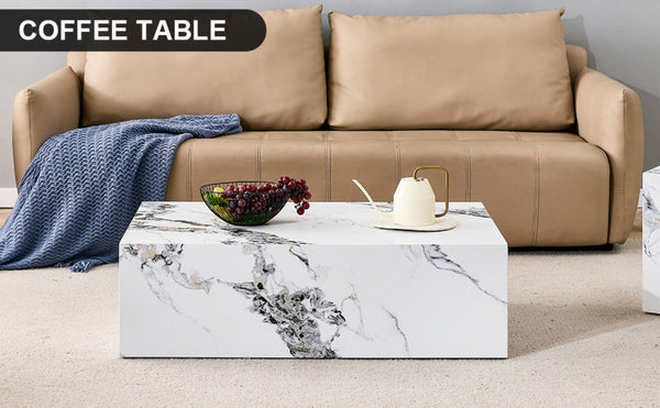 English Elm 39.3*21.7*11.8 Inch Marble Pattern MDF Coffee Table Low Profile Living Room Accent White - A W1151P499999
