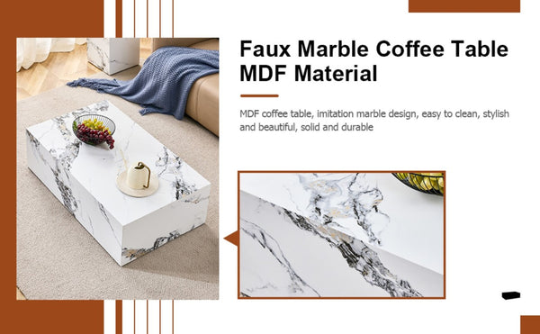 English Elm 39.3*21.7*11.8 Inch Marble Pattern MDF Coffee Table Low Profile Living Room Accent White - A W1151P499999