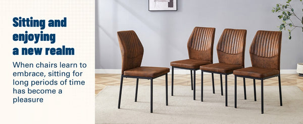 English Elm Luxury Channel Stitched Dining Chairs Set of 2 Brown Fabric Matte Black Metal Legs W1151P503573