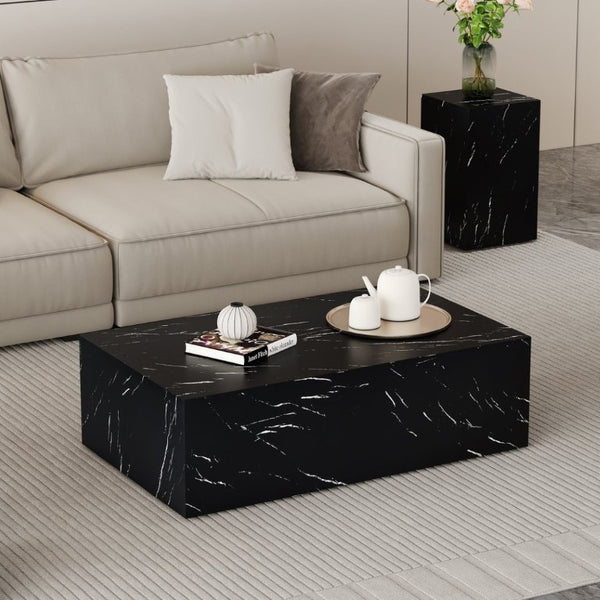 English Elm 39.3*21.7*11.8 Inch Marble Pattern MDF Coffee Table Low Profile Living Room Accent Black W1151P506382