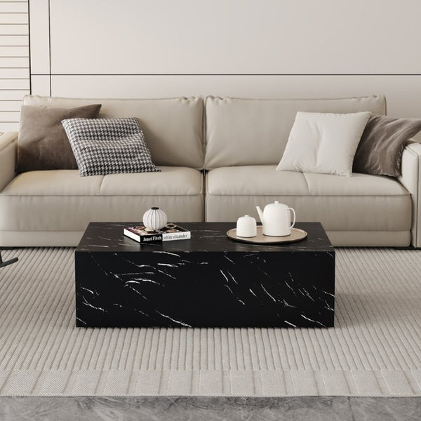 English Elm 39.3*21.7*11.8 Inch Marble Pattern MDF Coffee Table Low Profile Living Room Accent Black W1151P506382