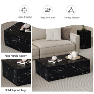 English Elm 39.3*21.7*11.8 Inch Marble Pattern MDF Coffee Table Low Profile Living Room Accent Black W1151P506382