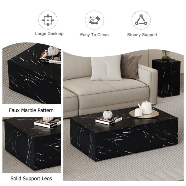 English Elm 39.3*21.7*11.8 Inch Marble Pattern MDF Coffee Table Low Profile Living Room Accent Black W1151P506382
