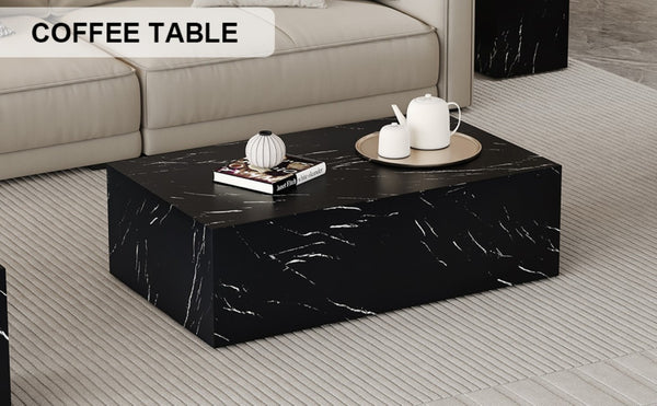 English Elm 39.3*21.7*11.8 Inch Marble Pattern MDF Coffee Table Low Profile Living Room Accent Black W1151P506382