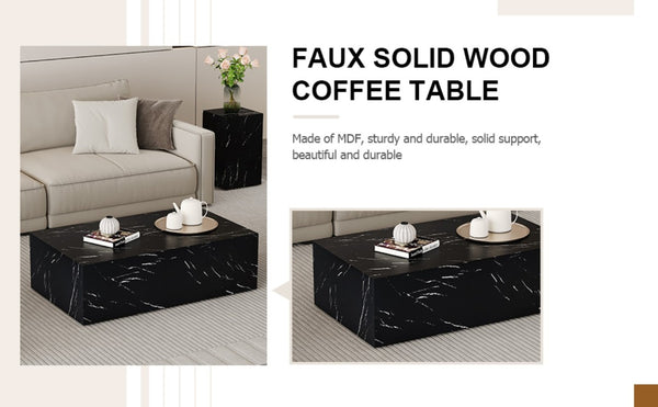 English Elm 39.3*21.7*11.8 Inch Marble Pattern MDF Coffee Table Low Profile Living Room Accent Black W1151P506382