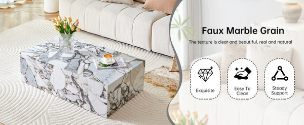 English Elm 39.3*21.7*11.8 Inch Marble Pattern MDF Coffee Table Low Profile Living Room Accent White - B W1151P509323
