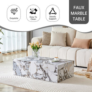 English Elm 39.3*21.7*11.8 Inch Marble Pattern MDF Coffee Table Low Profile Living Room Accent White - B W1151P509323