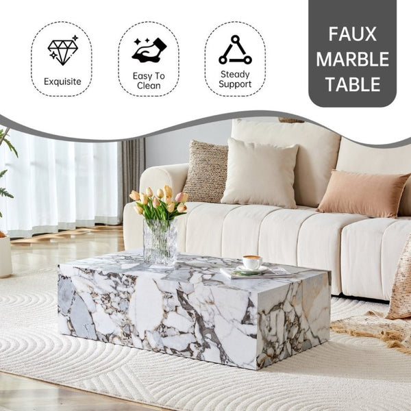 English Elm 39.3*21.7*11.8 Inch Marble Pattern MDF Coffee Table Low Profile Living Room Accent White - B W1151P509323