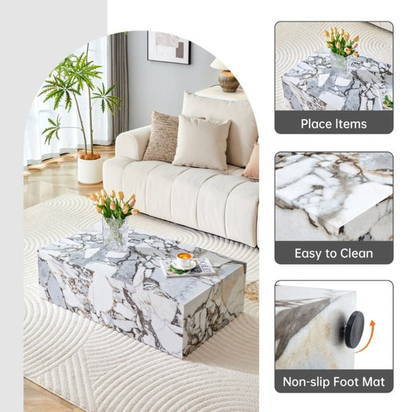 English Elm 39.3*21.7*11.8 Inch Marble Pattern MDF Coffee Table Low Profile Living Room Accent White - B W1151P509323