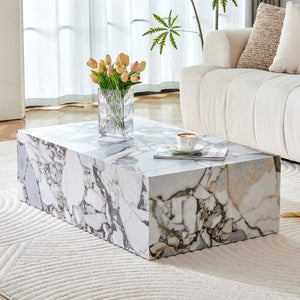 English Elm 39.3*21.7*11.8 Inch Marble Pattern MDF Coffee Table Low Profile Living Room Accent White - B W1151P509323