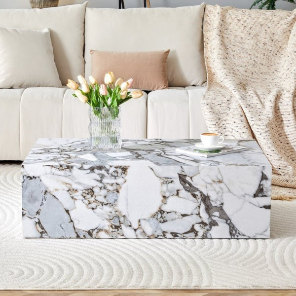 English Elm 39.3*21.7*11.8 Inch Marble Pattern MDF Coffee Table Low Profile Living Room Accent White - B W1151P509323