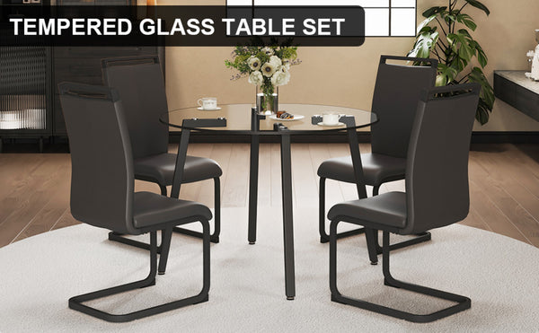 English Elm Modern Round Glass Top Dining Set with Chrome Legs and Four Pu Leather Side Chairs W1151S00705