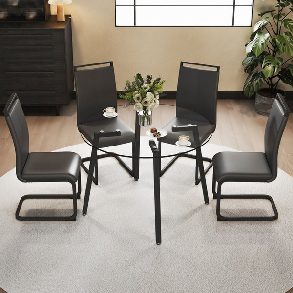 English Elm Modern Round Glass Top Dining Set with Chrome Legs and Four Pu Leather Side Chairs W1151S00705