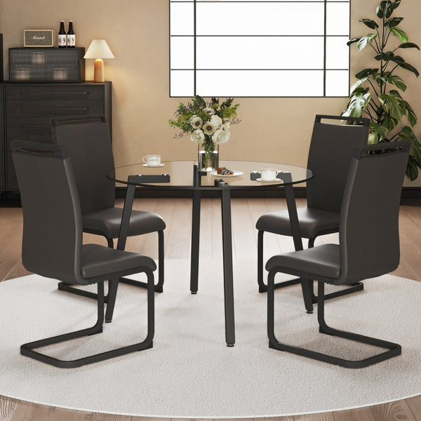 English Elm Modern Round Glass Top Dining Set with Chrome Legs and Four Pu Leather Side Chairs W1151S00705