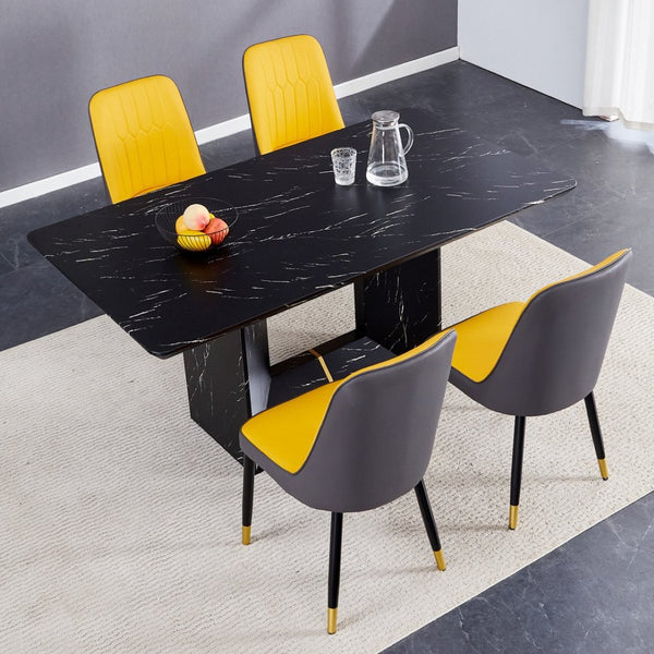 English Elm Table and Chair Set Modern Marble Mdf Dining with Pu Leather Seats for Four W1151S01402