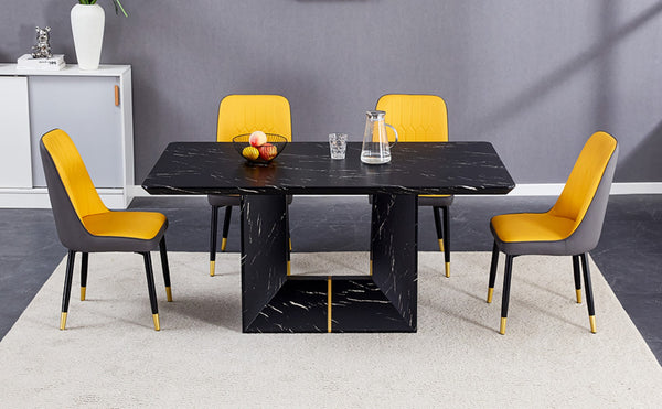 English Elm Table and Chair Set Modern Marble Mdf Dining with Pu Leather Seats for Four W1151S01402