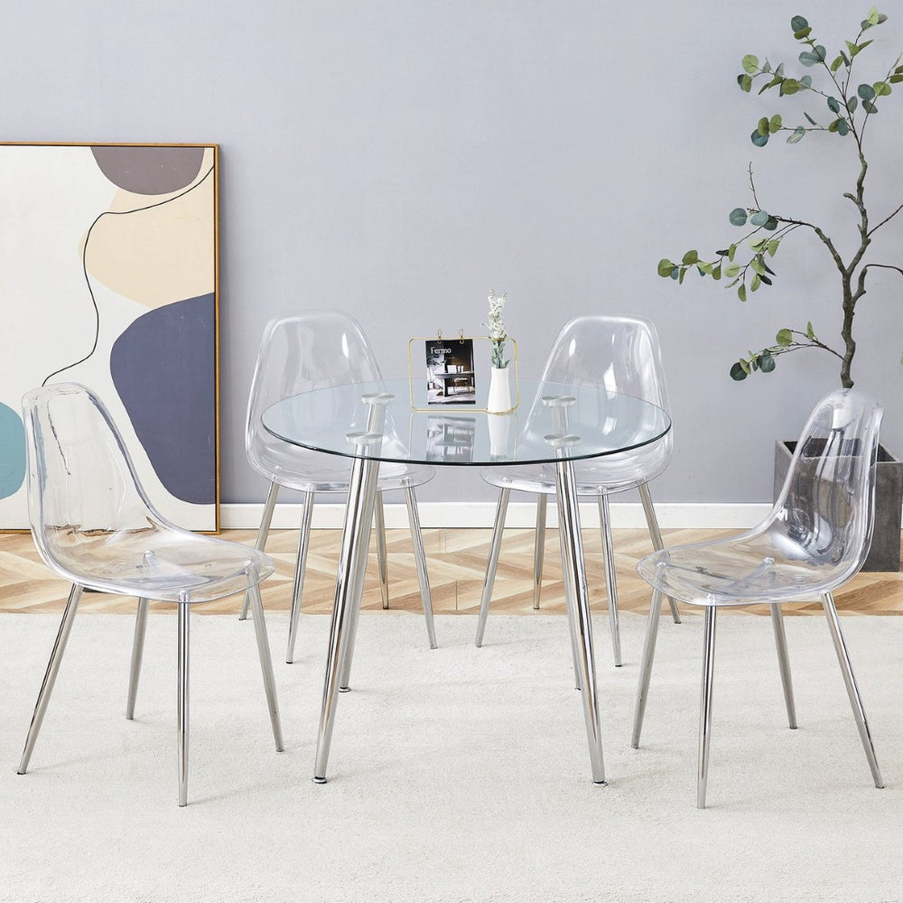 English Elm Table and Chair Set Round Tempered Glass Top Ghost Seating for Modern Dining Rooms W1151S01779