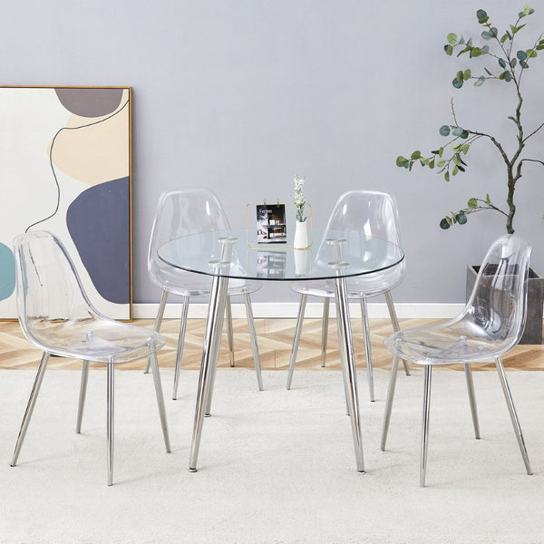 English Elm Table and Chair Set Round Tempered Glass Top Ghost Seating for Modern Dining Rooms W1151S01779
