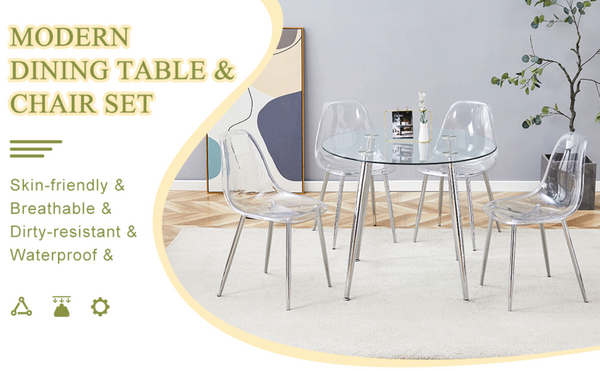 English Elm Table and Chair Set Round Tempered Glass Top Ghost Seating for Modern Dining Rooms W1151S01779