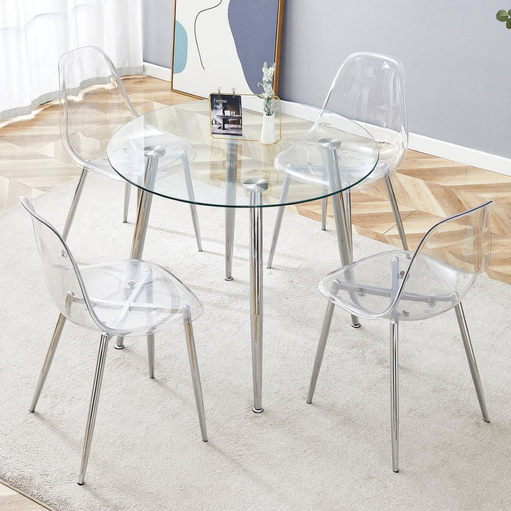 English Elm Table and Chair Set Round Tempered Glass Top Ghost Seating for Modern Dining Rooms W1151S01779