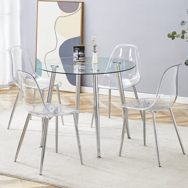 English Elm Table and Chair Set Round Tempered Glass Top Ghost Seating for Modern Dining Rooms W1151S01779