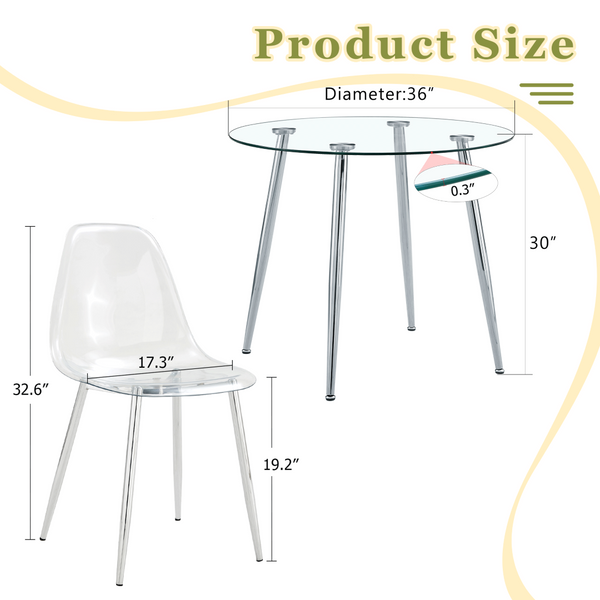 English Elm Table and Chair Set Round Tempered Glass Top Ghost Seating for Modern Dining Rooms W1151S01779
