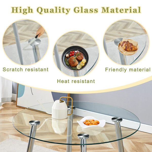 English Elm Table and Chair Set Round Tempered Glass Top Ghost Seating for Modern Dining Rooms W1151S01779