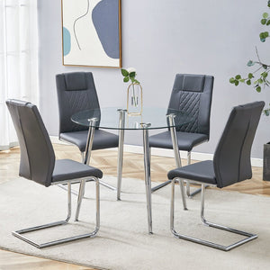 English Elm Table Set Round Tempered Glass Top Silver Legs Gray Pu Leather Chairs Modern Dining W1151S01780