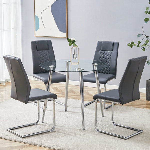 English Elm Table Set Round Tempered Glass Top Silver Legs Gray Pu Leather Chairs Modern Dining W1151S01780