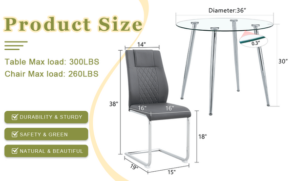 English Elm Table Set Round Tempered Glass Top Silver Legs Gray Pu Leather Chairs Modern Dining W1151S01780