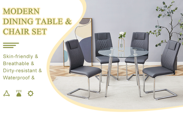 English Elm Table Set Round Tempered Glass Top Silver Legs Gray Pu Leather Chairs Modern Dining W1151S01780