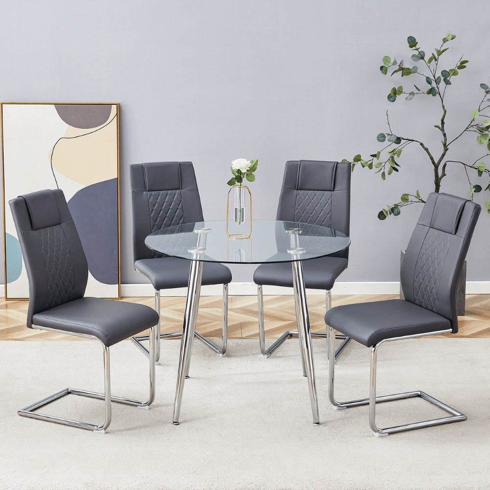 English Elm Table Set Round Tempered Glass Top Silver Legs Gray Pu Leather Chairs Modern Dining W1151S01780