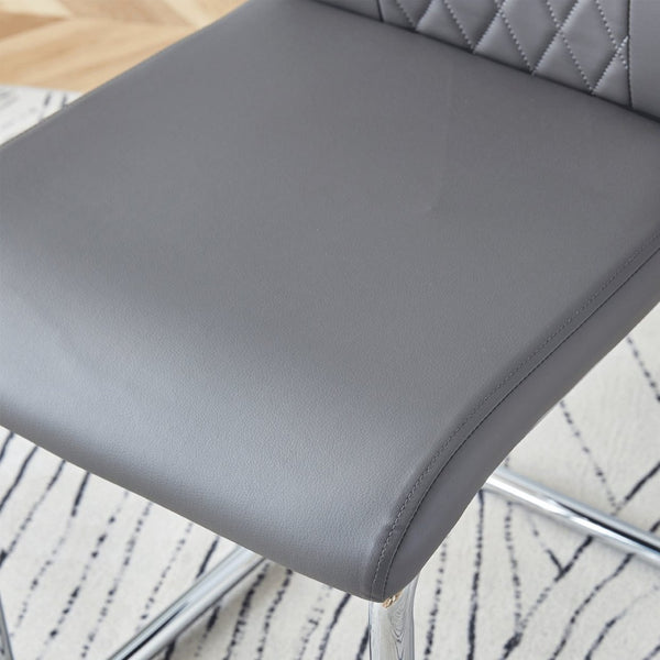 English Elm Table Set Round Tempered Glass Top Silver Legs Gray Pu Leather Chairs Modern Dining W1151S01780