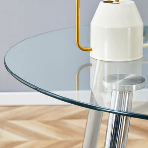 English Elm Table Set Round Tempered Glass Top Silver Legs Gray Pu Leather Chairs Modern Dining W1151S01780