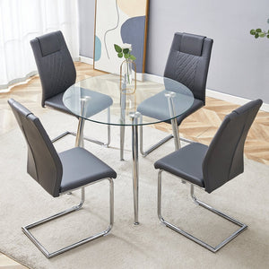 English Elm Table Set Round Tempered Glass Top Silver Legs Gray Pu Leather Chairs Modern Dining W1151S01780