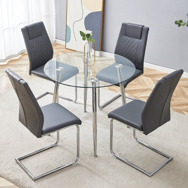 English Elm Table Set Round Tempered Glass Top Silver Legs Gray Pu Leather Chairs Modern Dining W1151S01780