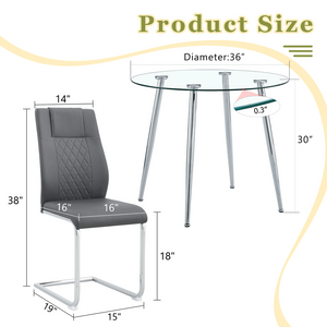 English Elm Table Set Round Tempered Glass Top Silver Legs Gray Pu Leather Chairs Modern Dining W1151S01780