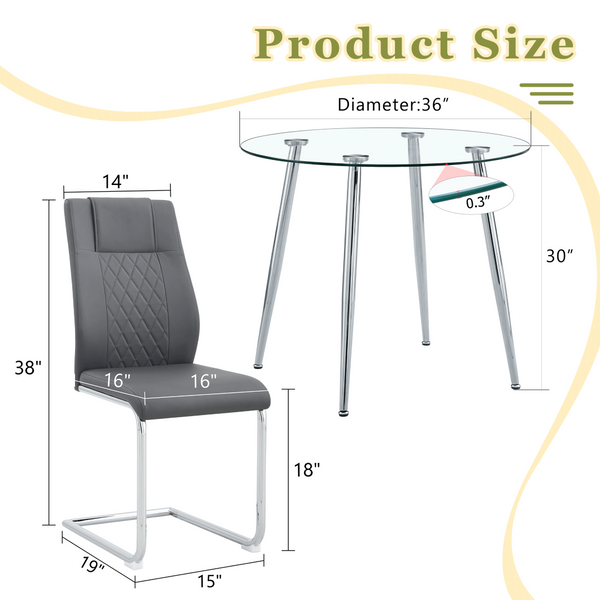English Elm Table Set Round Tempered Glass Top Silver Legs Gray Pu Leather Chairs Modern Dining W1151S01780