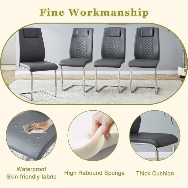 English Elm Table Set Round Tempered Glass Top Silver Legs Gray Pu Leather Chairs Modern Dining W1151S01780