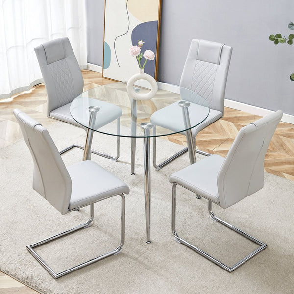 English Elm Table and Chair Set Round Glass Top Silver Legs with 4 Gray Pu Leather Dining Chairs W1151S01781
