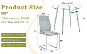 English Elm Table and Chair Set Round Glass Top Silver Legs with 4 Gray Pu Leather Dining Chairs W1151S01781