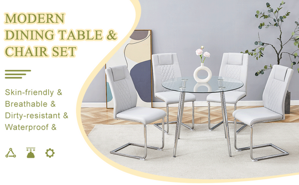 English Elm Table and Chair Set Round Glass Top Silver Legs with 4 Gray Pu Leather Dining Chairs W1151S01781