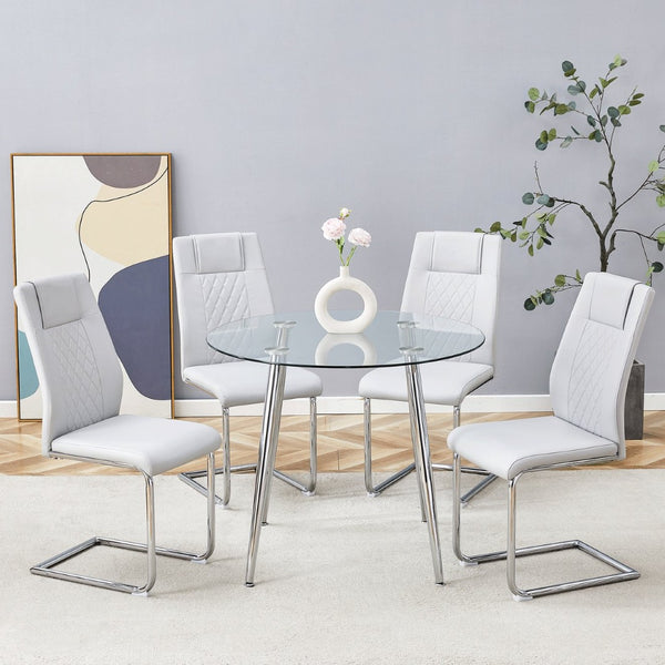 English Elm Table and Chair Set Round Glass Top Silver Legs with 4 Gray Pu Leather Dining Chairs W1151S01781