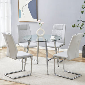 English Elm Table and Chair Set Round Glass Top Silver Legs with 4 Gray Pu Leather Dining Chairs W1151S01781