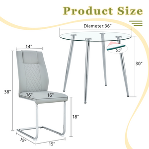 English Elm Table and Chair Set Round Glass Top Silver Legs with 4 Gray Pu Leather Dining Chairs W1151S01781