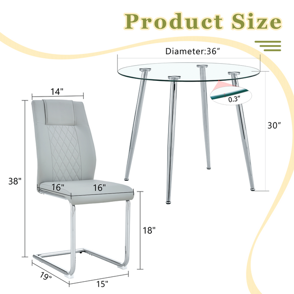 English Elm Table and Chair Set Round Glass Top Silver Legs with 4 Gray Pu Leather Dining Chairs W1151S01781